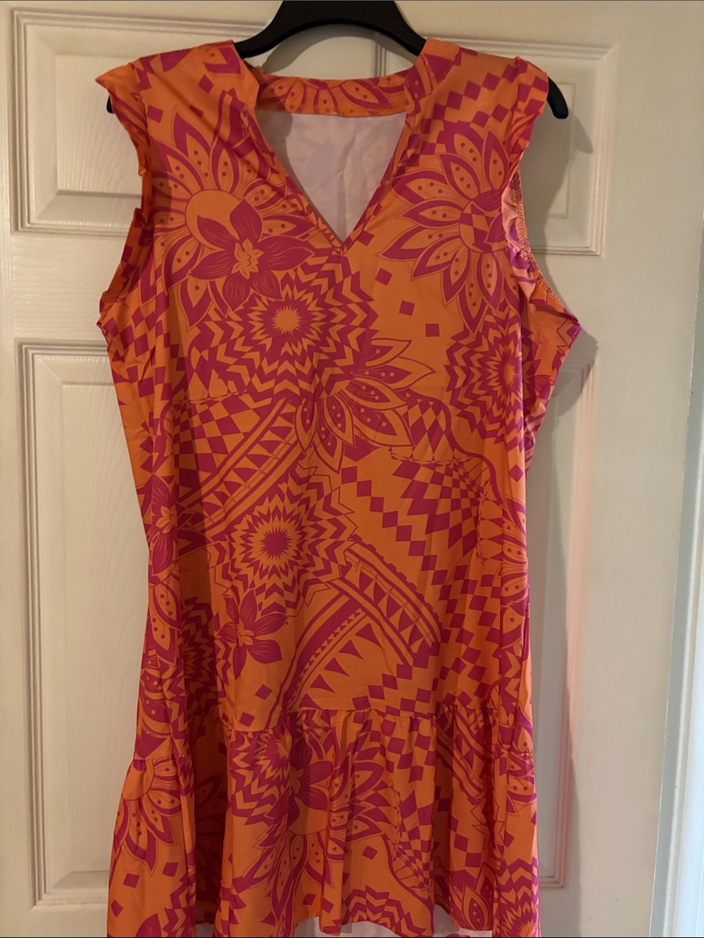 Sleeveless V-Neck Midi Dress in Orange and Pink